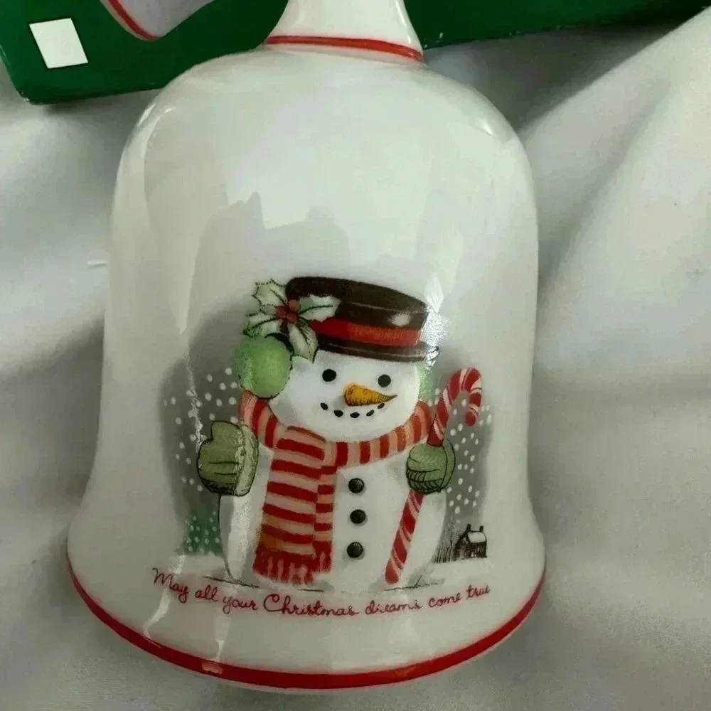 Vintage Snowman Christmas Porcelian Bell NIB  Cottagecore Classic Holiday Decor